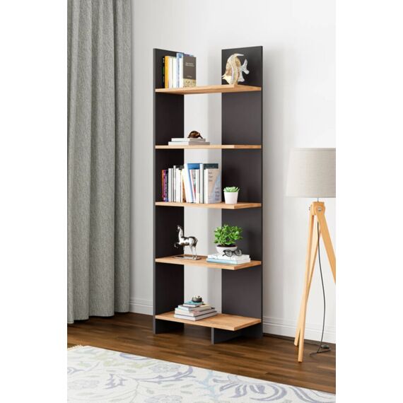 5 დონიანი წიგნების თარო შავი და ფიჭვის ფაქტურით KT3-GA (580)