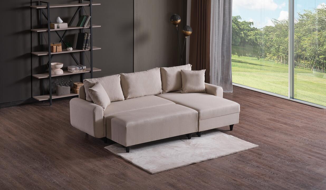 კუთხის დივანი Flavia პუფით კრემისფერი (KG1081)