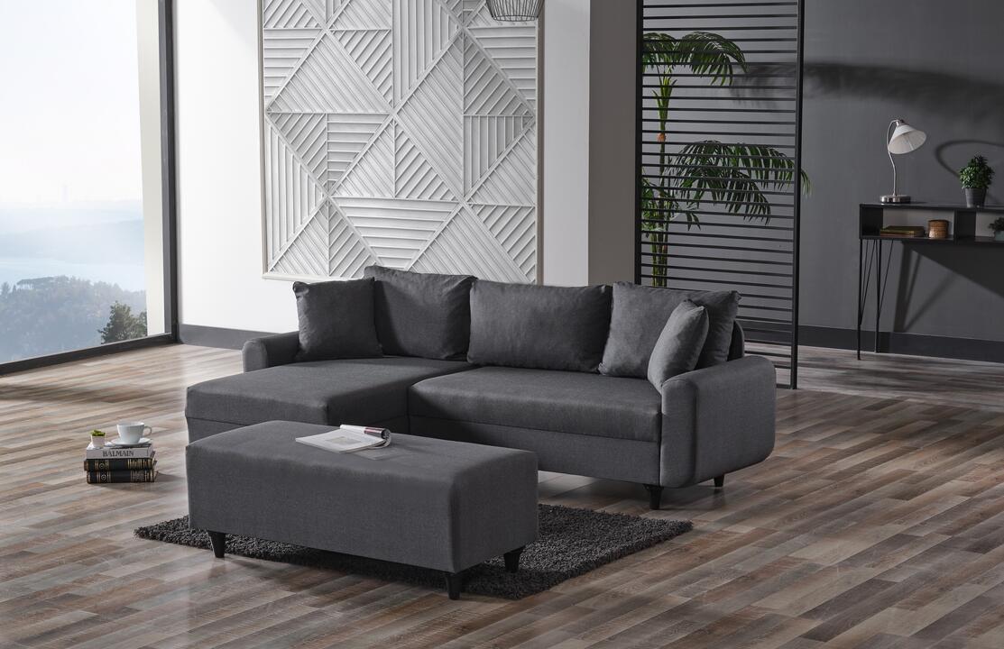 კუთხის დივანი Flavia პუფით ნაცრისფერი (KG1082)