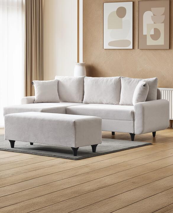 კუთხის დივანი Flavia Velvet პუფით თეთრი (KG1084)