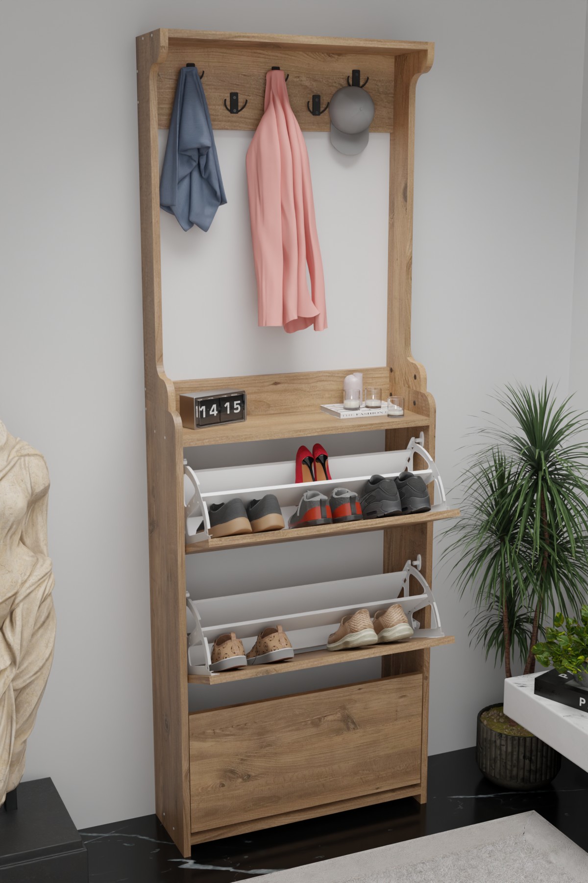 ფეხსაცმლის კარადა ტანსაცმლის საკიდით ფიჭვის ფაქტურით (FD1002)