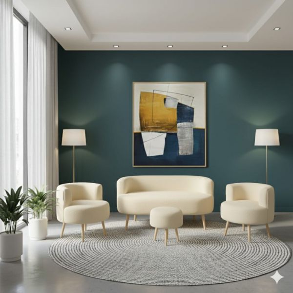 დივანი, ორი სავარძელის და პუფის კომლექტი კრემისფერი (MH1117)