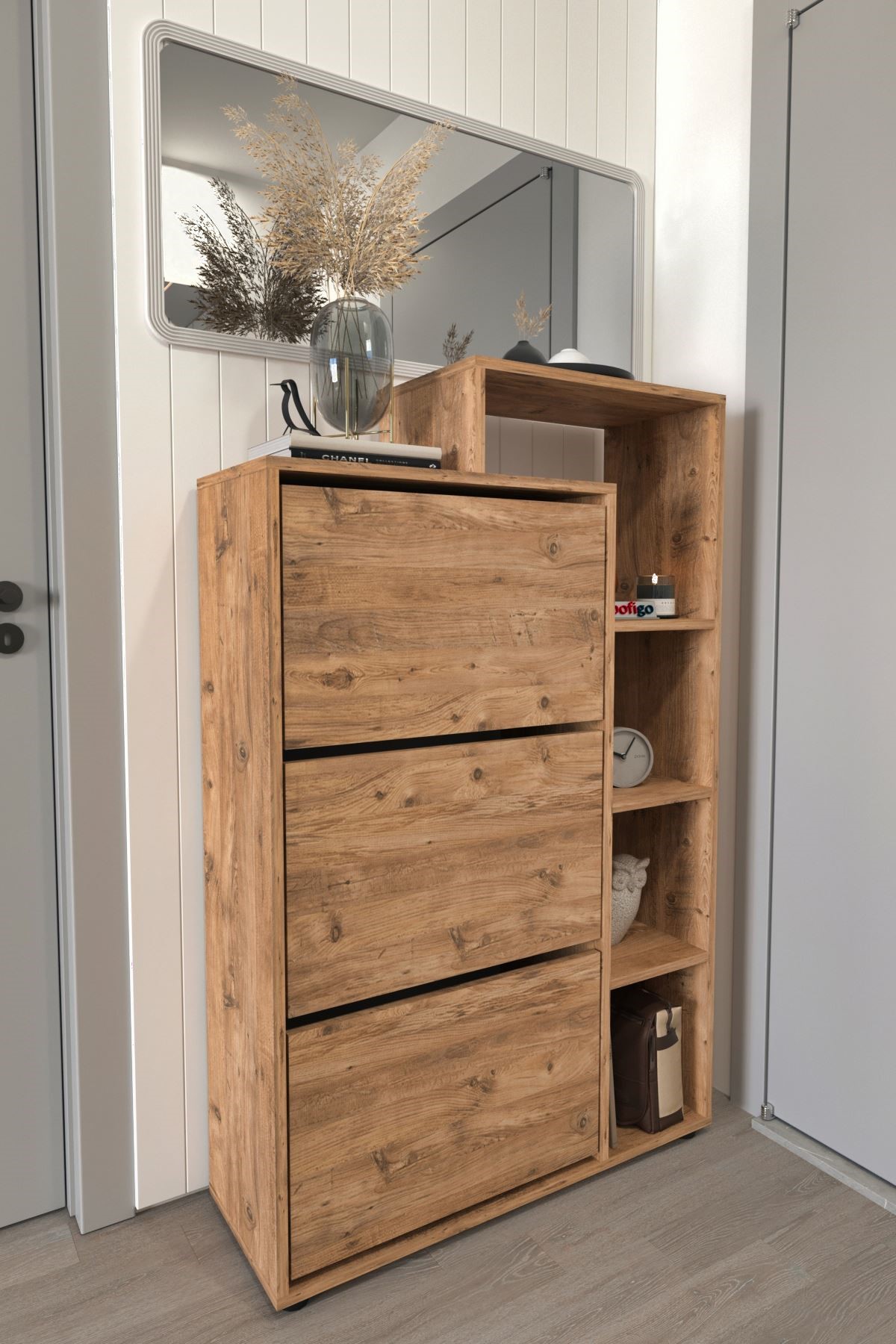 ფეხსაცმლის კარადა თაროებით ფიჭვის ფაქტურის (BF-757)