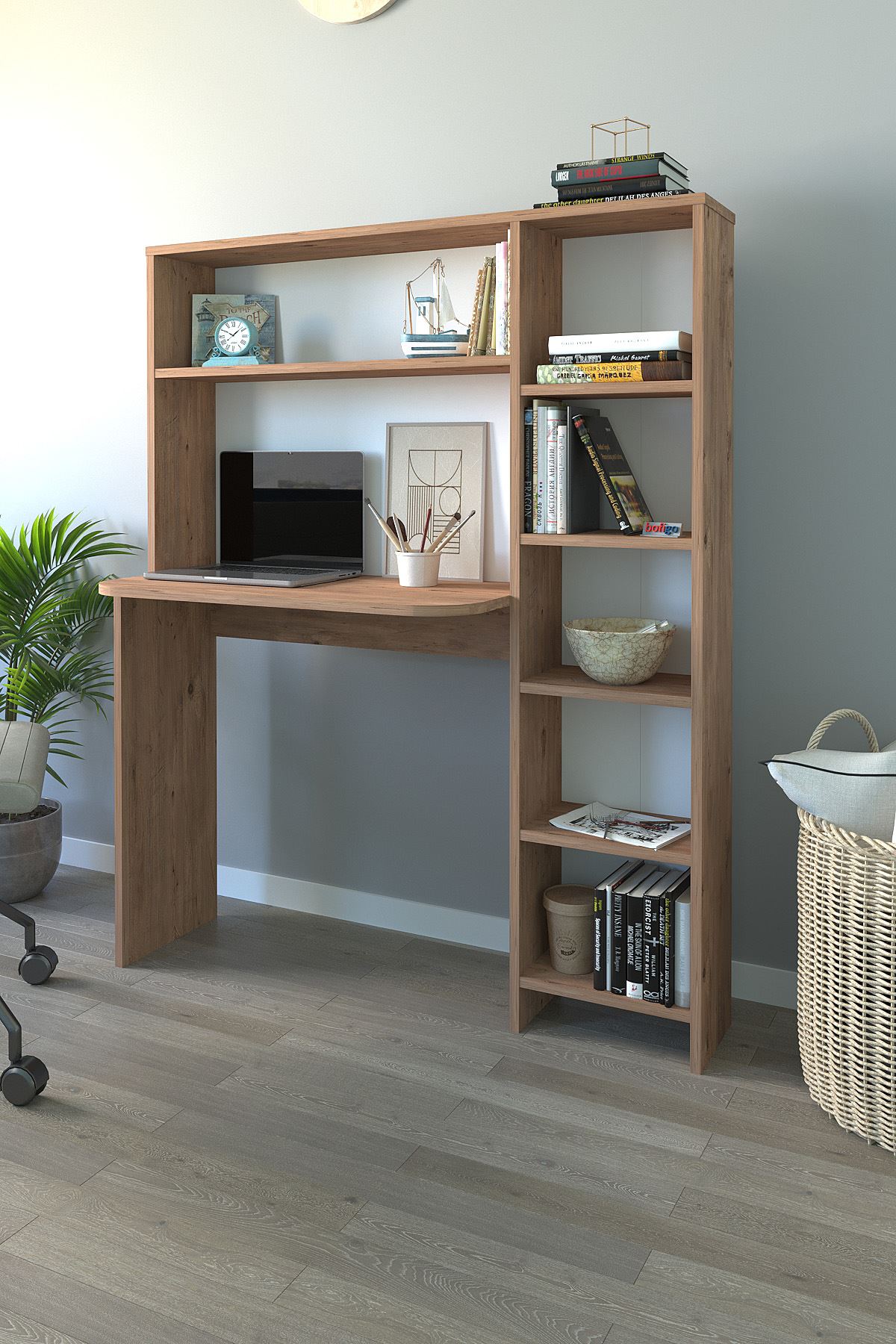 საოფისე/სამეცადინო მაგიდა თაროებით ფიჭვის ფაქტურით (BF-843)